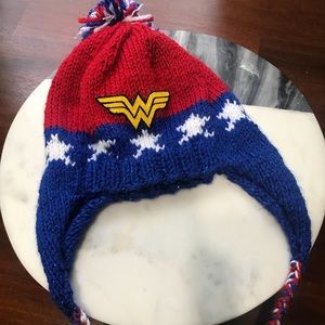Wonder women crochet over ear tie beanie